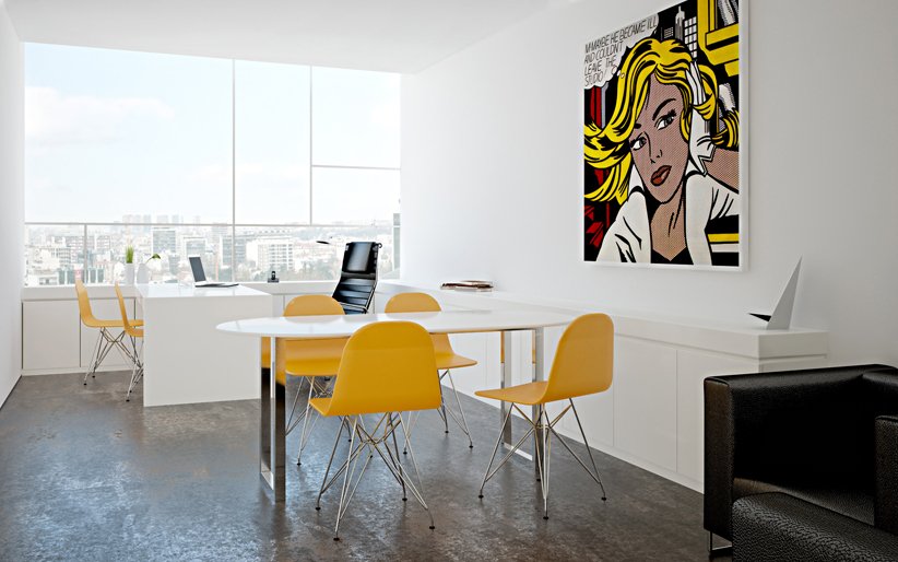 Minimalist-Office-Interiors-with-Retro-Wall-Art-Decor